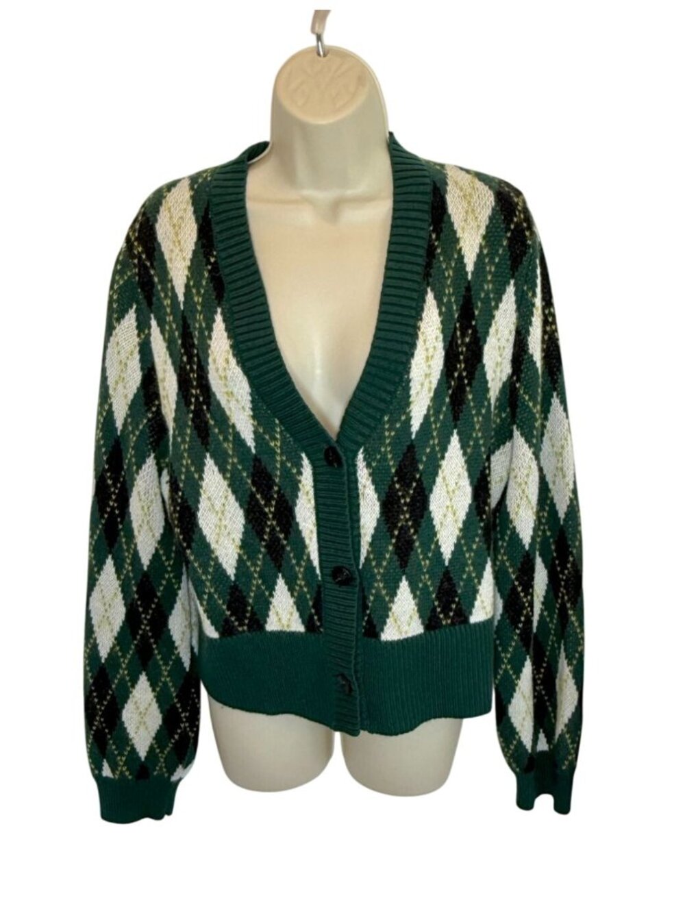 Staud Knave Cardigan in Green Cypress Argyle - Size S - Picture 3 of 8